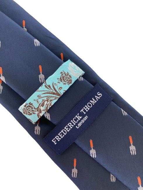 navy mens tie with gardening fork trowel quirky design